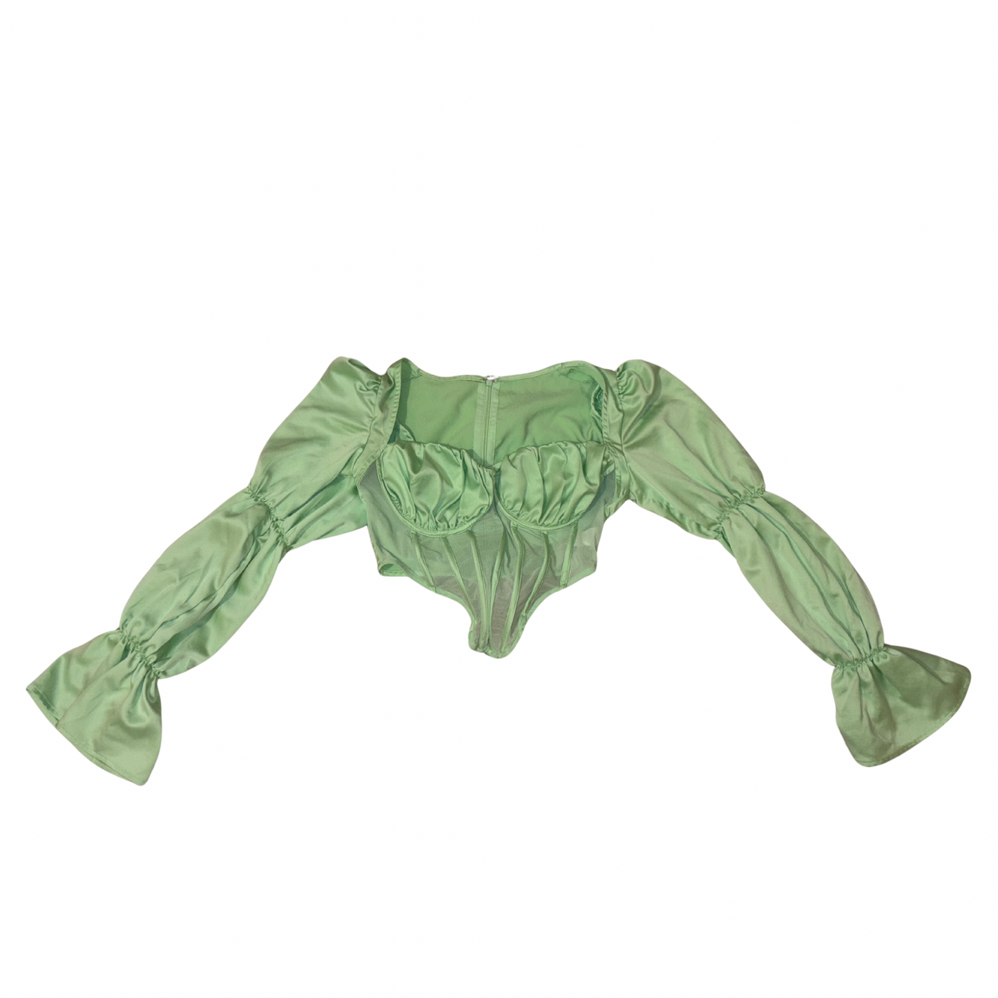 Boohoo Green Satin & Mesh Corset Long Sleeve Top