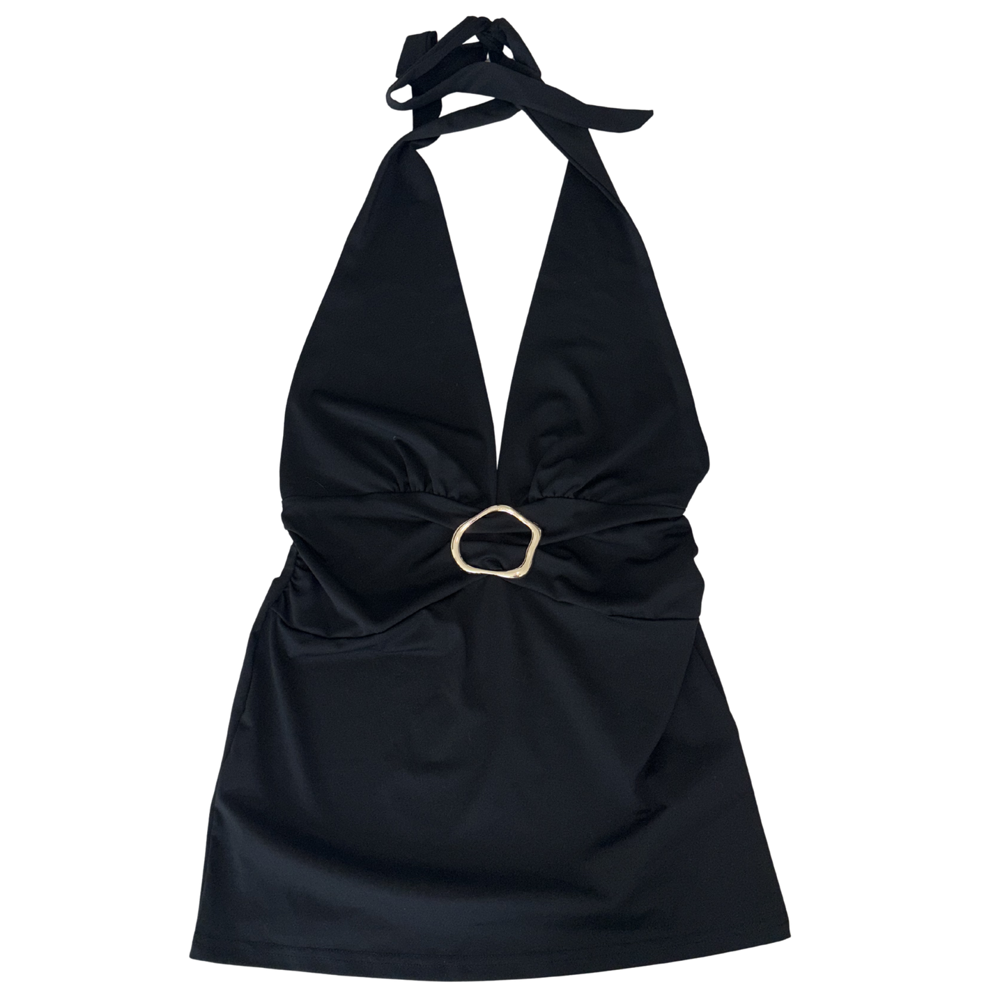 Black Halterneck Gold Buckle Mini Dress