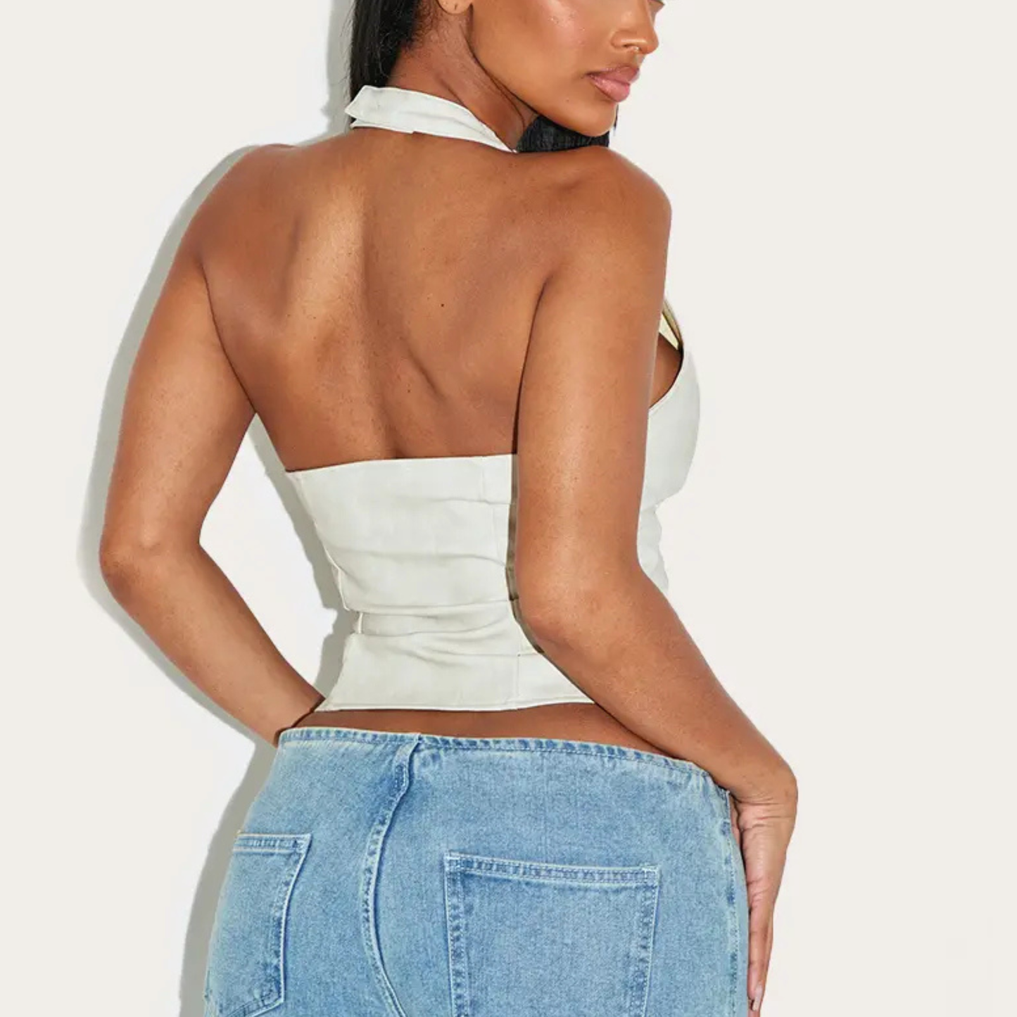 PLT Cream Faux Leather Halterneck Corset