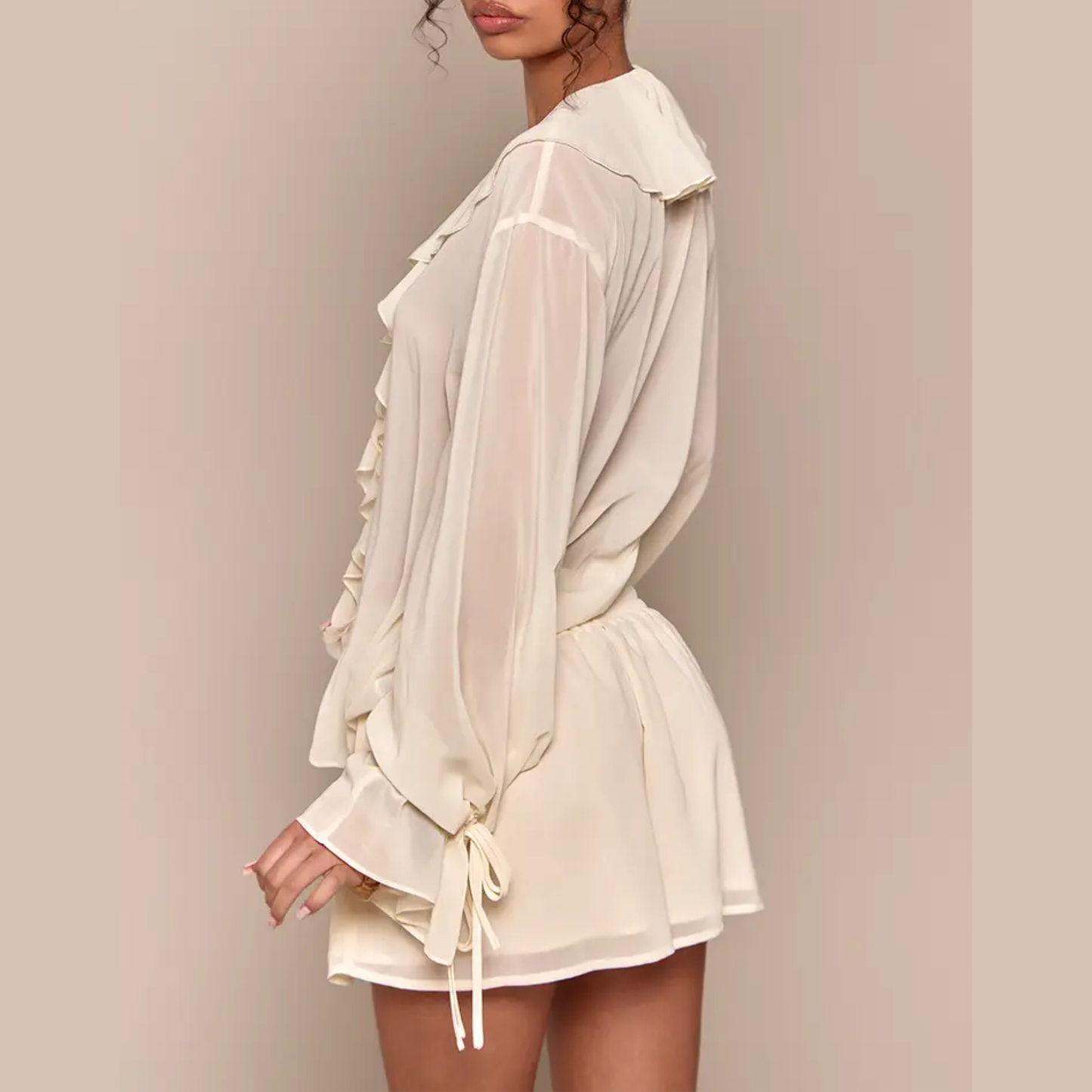 PLT Almond Chiffon Ruffle Co-Ord (Long Sleeve Top + Shorts)