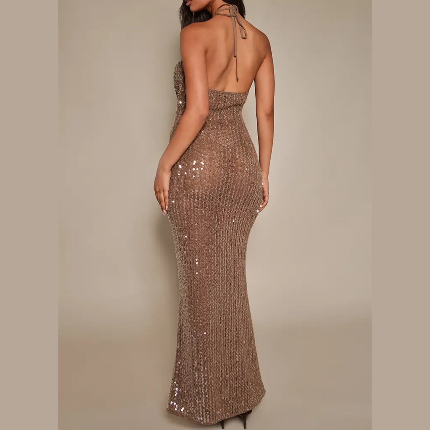 PLT Brown Sequin Cowl Neck Maxi Dress
