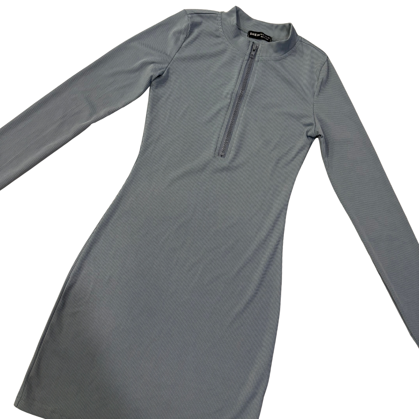 Blue Ribbed Long Sleeve Mini Dress