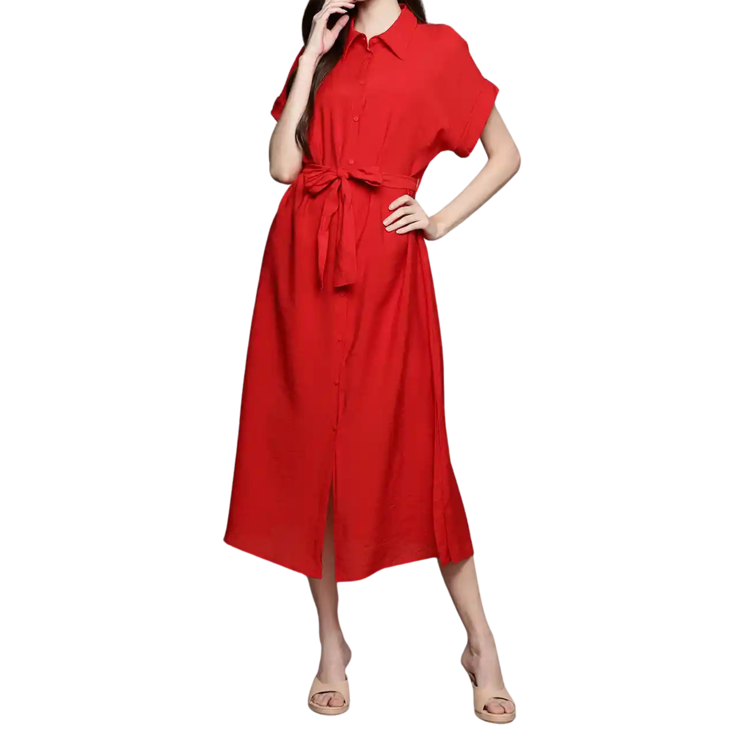 Mango Red Button Up Tie Front Collared Maxi Dress