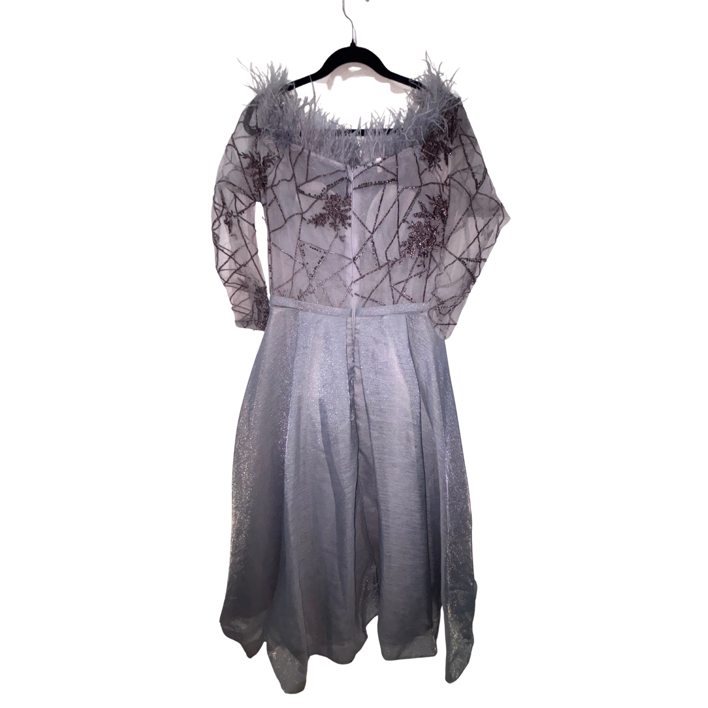 Grey Abstract Feather Trim Maxi Dress