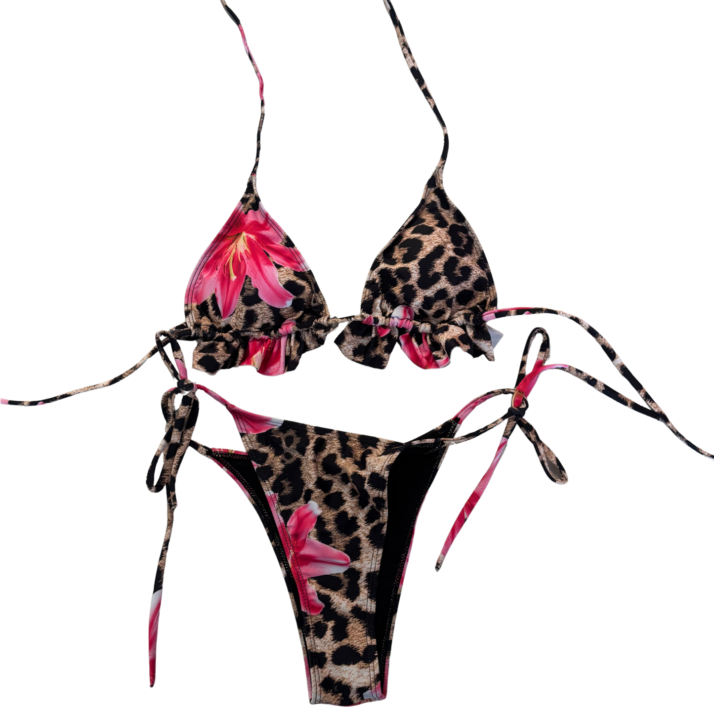 Leopard Print Flower Detail Bikini Set + Sarong