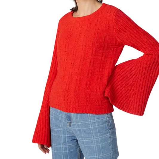Red Flare Sleeve Knitted Sweater