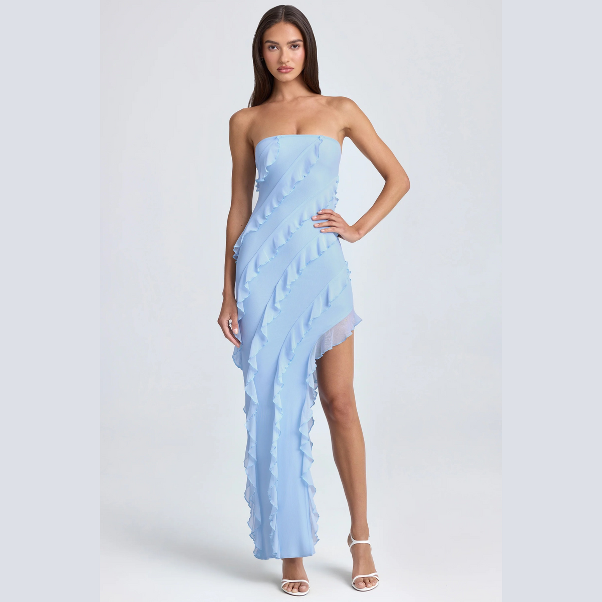 Oh Polly Blue Ruffled Bandeau Maxi Dress
