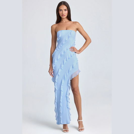 Oh Polly Blue Ruffled Bandeau Maxi Dress