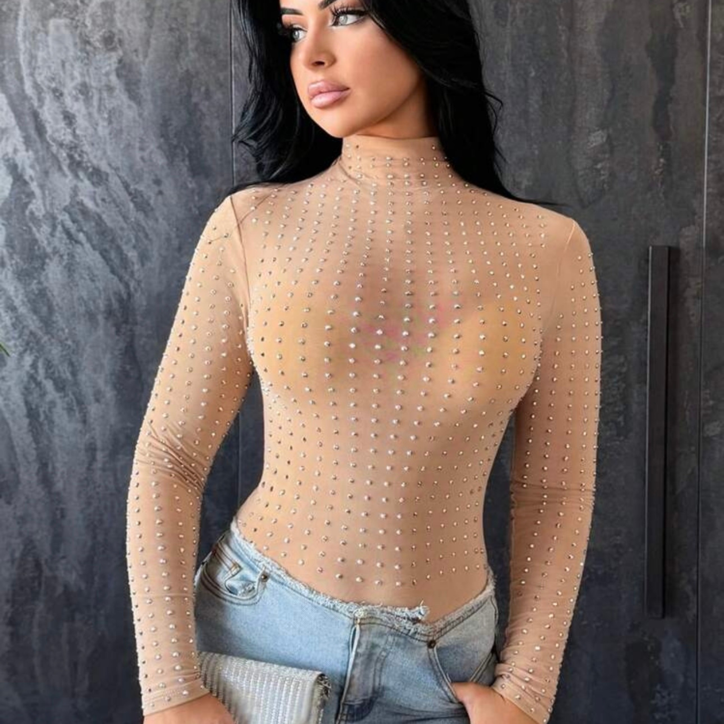 Nude High Neck Embellished Bodysuit
