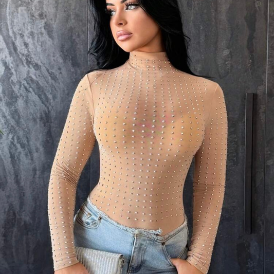 Nude High Neck Embellished Bodysuit