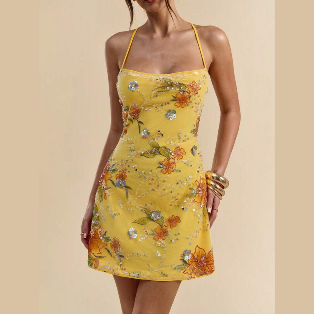 Yellow Beaded Mini Dress