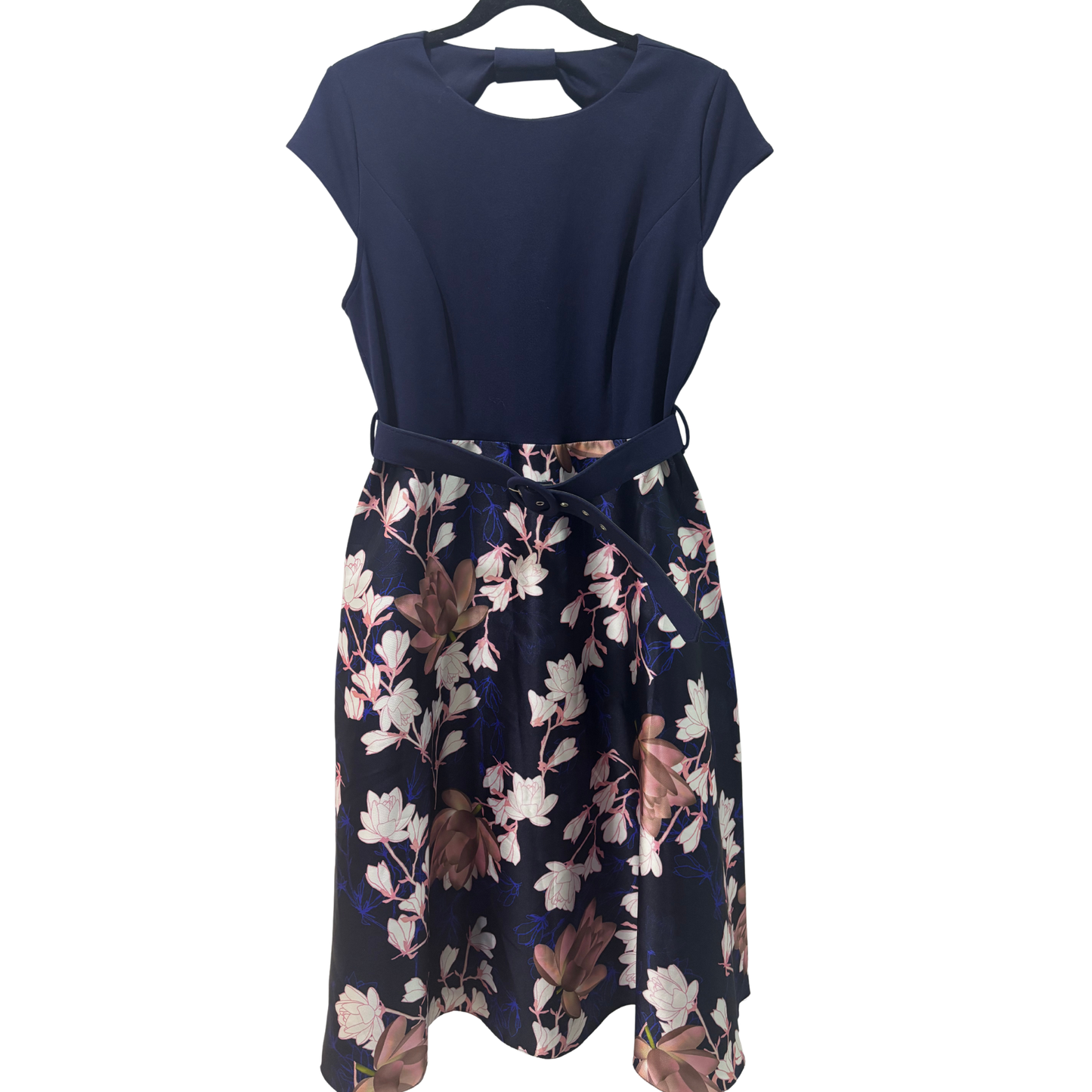 Navy Blue Floral Skirt Midi Dress