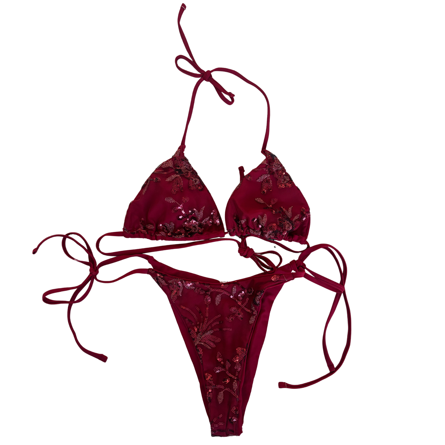 Dark Red Embroidered Bikini Set