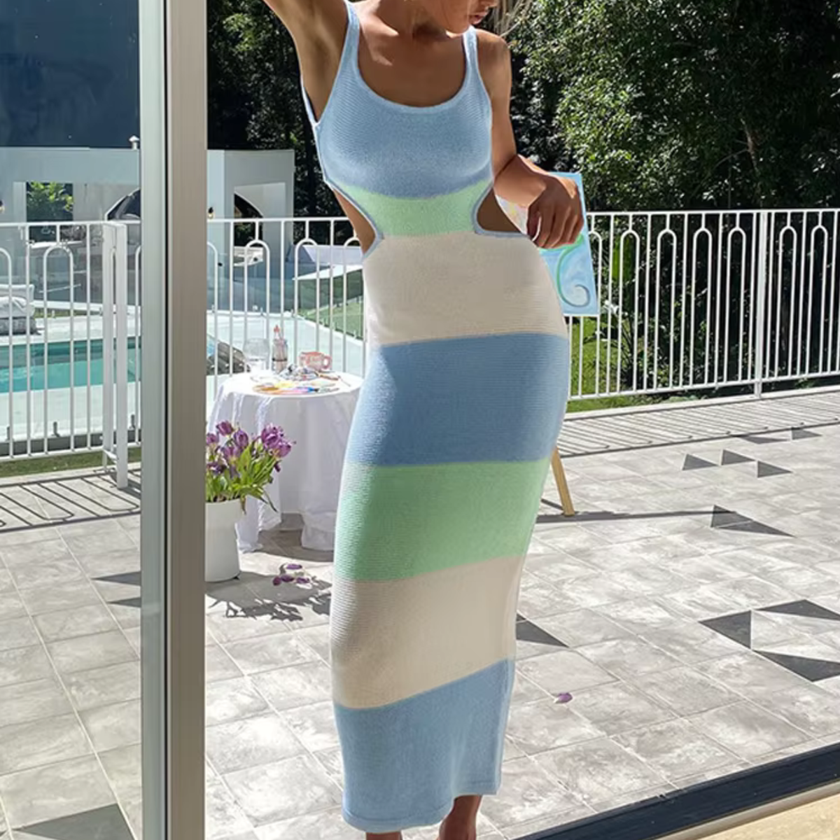 Striped Backless Midaxi Dress