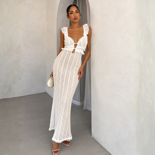 White Lace Frilly Maxi Dress