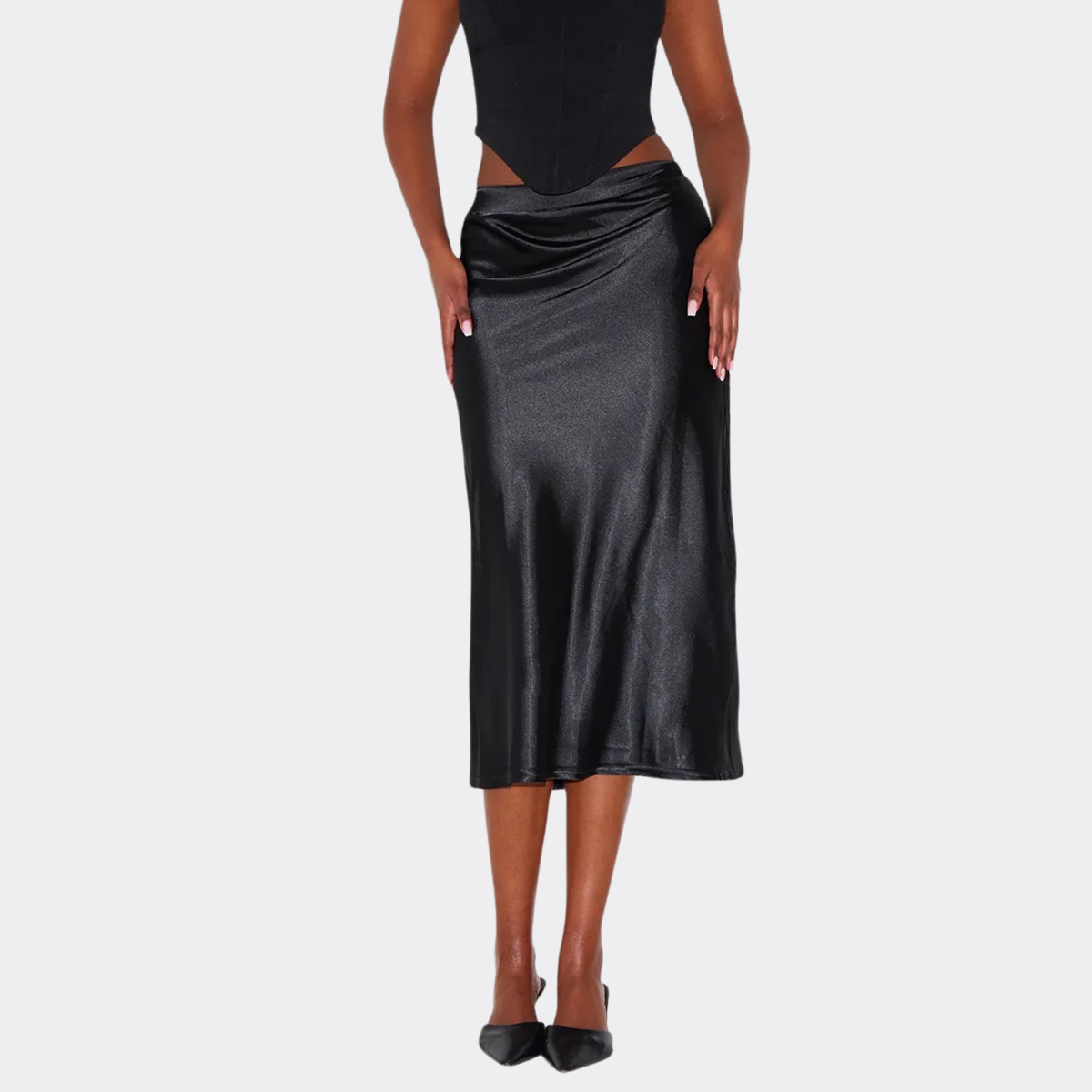 PLT Black Satin Midi Skirt