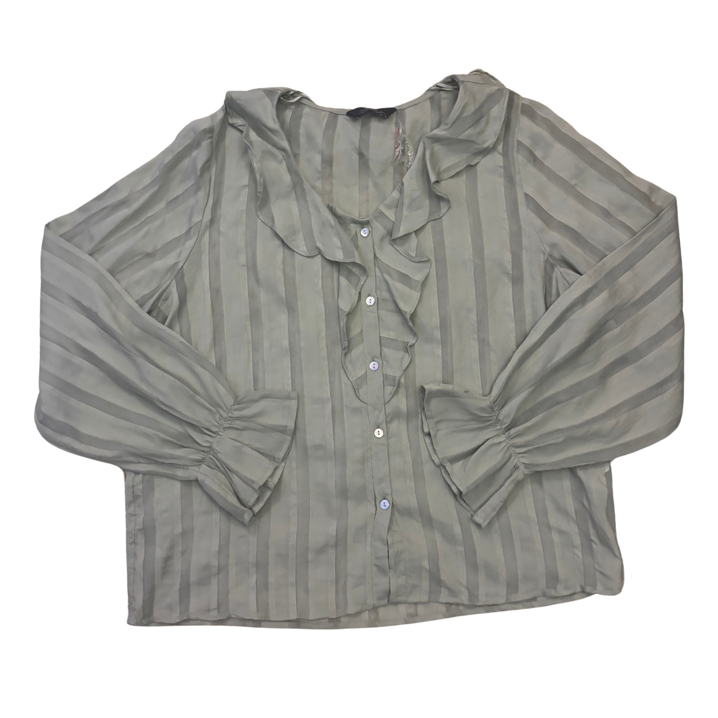 Green Striped Long Sleeve Ruffle Front Top