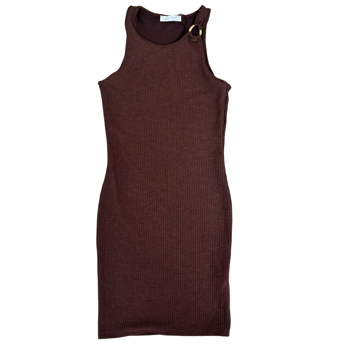 Brown Ribbed O-Ring Mini Dress