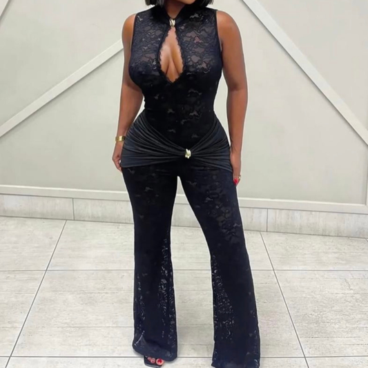 Black Lace High Neck Wide Leg Jumpsuit