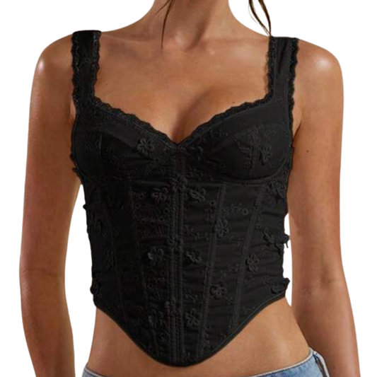 Black Floral Embroidered Corset Top