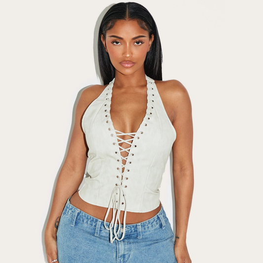 PLT Cream Faux Leather Halterneck Corset