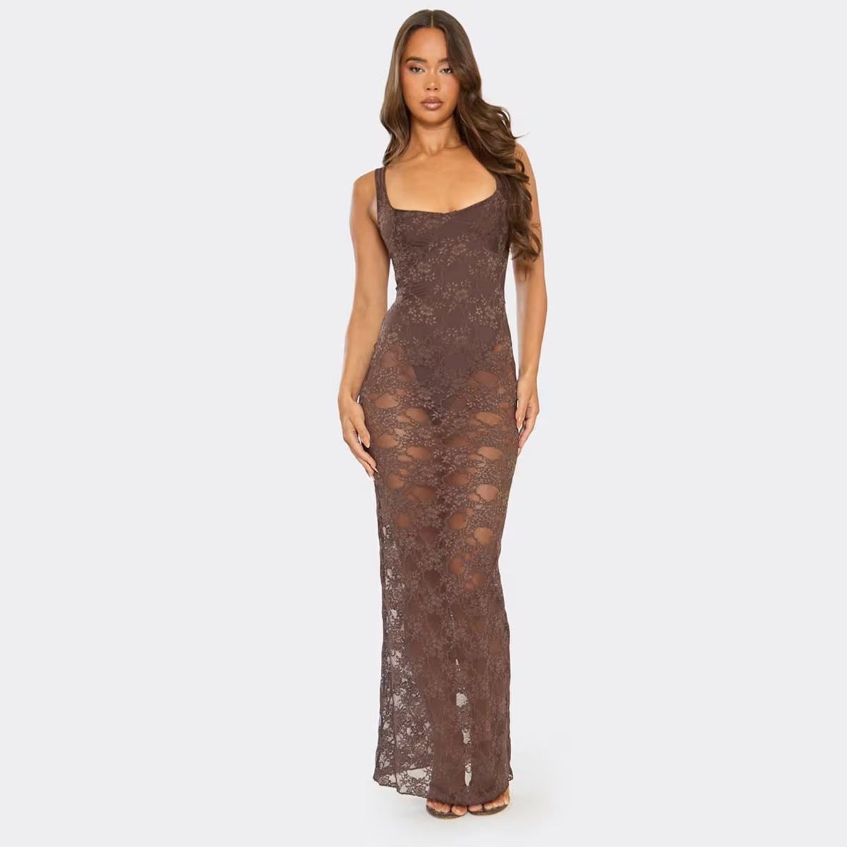 Ego Brown Lace Scoop Neck Maxi Dress