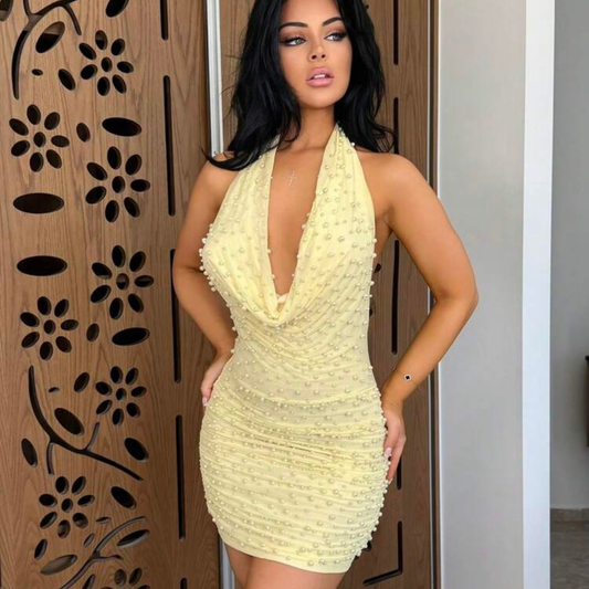 Yellow Pearl Detail Halterneck Mini Dress