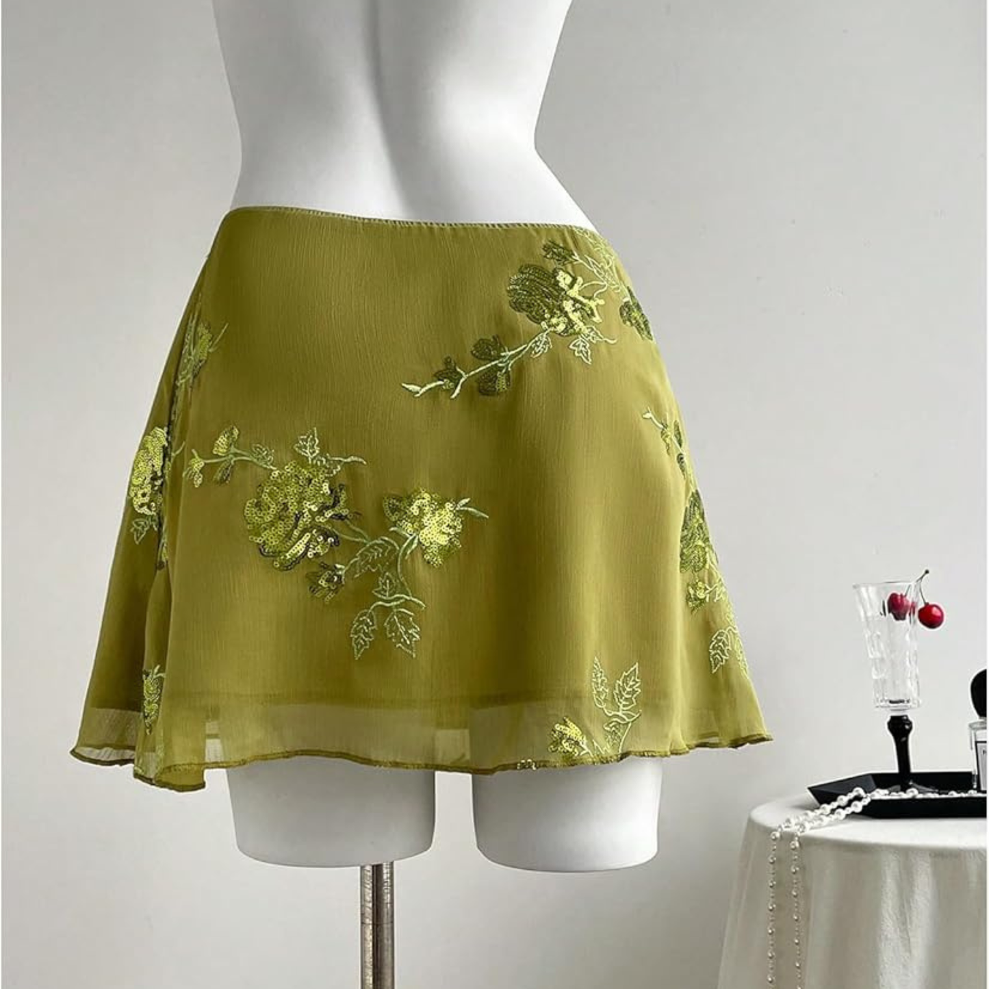 Green Sequin Floral Mini Skirt