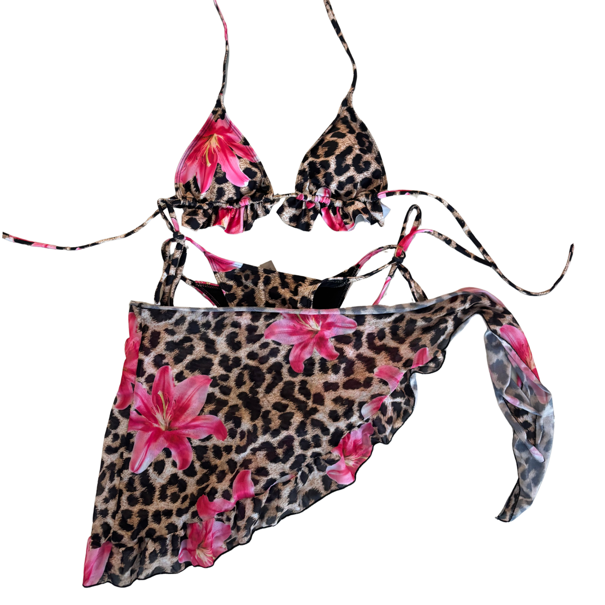 Leopard Print Flower Detail Bikini Set + Sarong