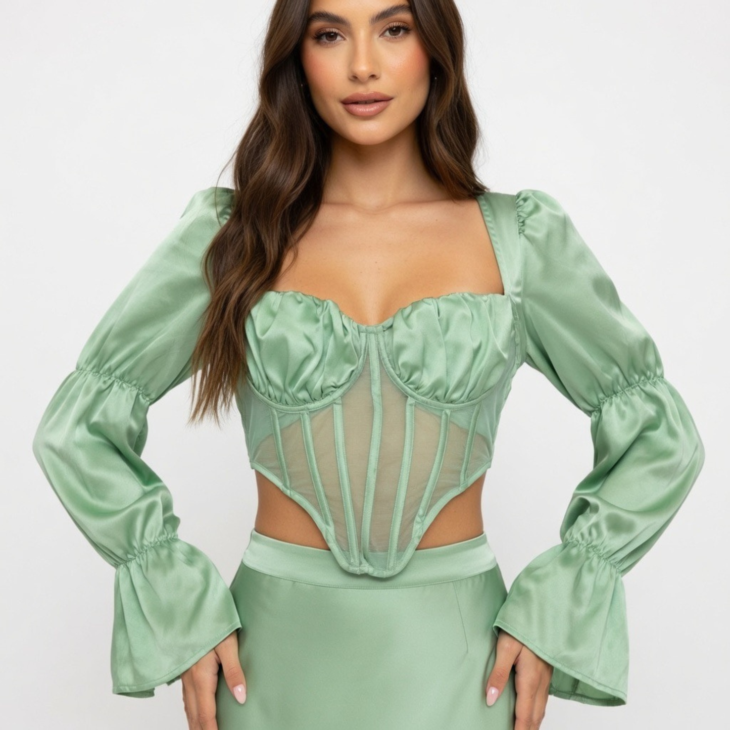 Boohoo Green Satin & Mesh Corset Long Sleeve Top
