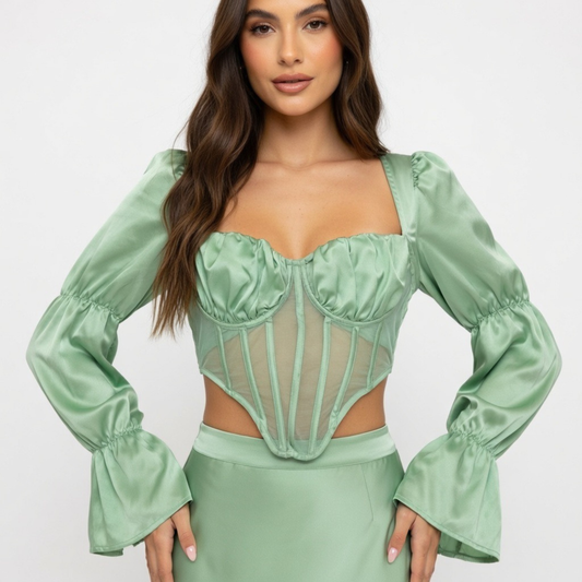 Boohoo Green Satin & Mesh Corset Long Sleeve Top