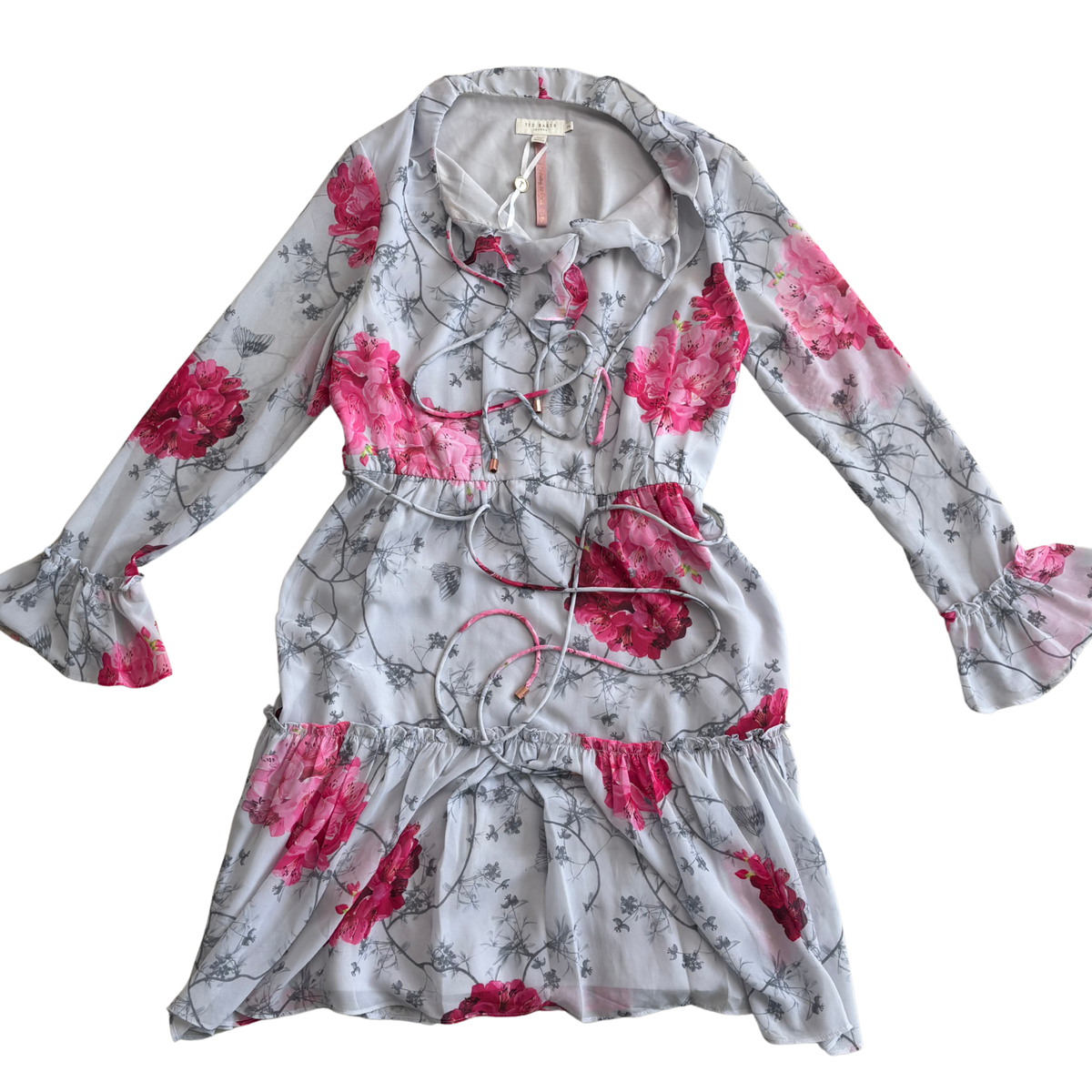 Ted Baker Grey Flower Detail Long Sleeve Mini Dress