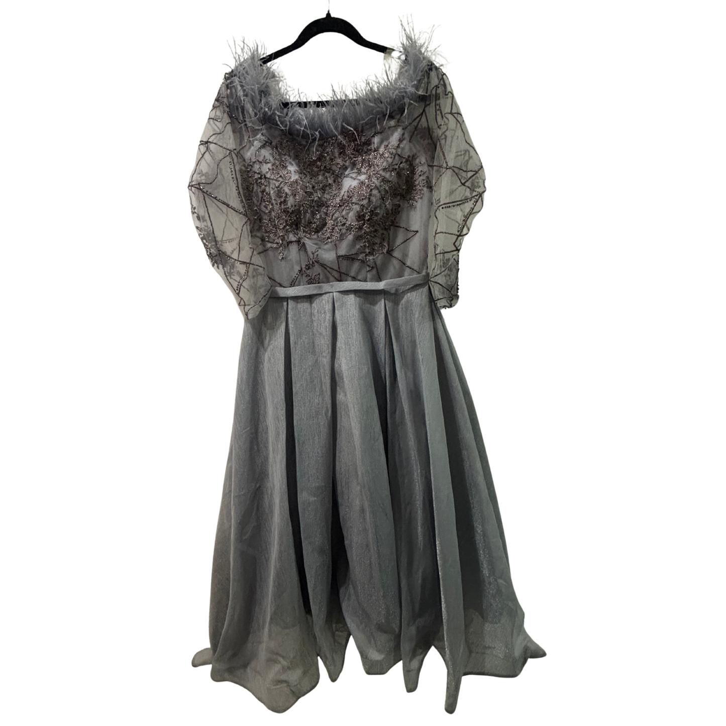 Grey Abstract Feather Trim Maxi Dress