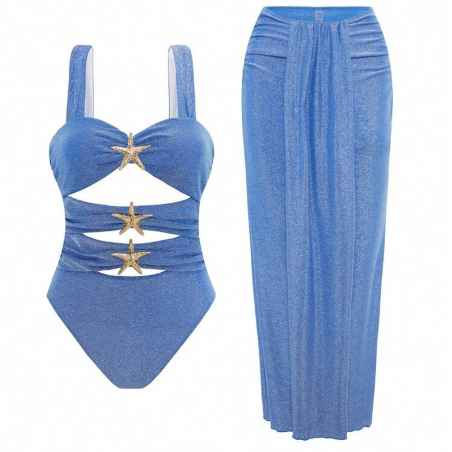 Blue Sparkly Swimsuit + Skirt Set