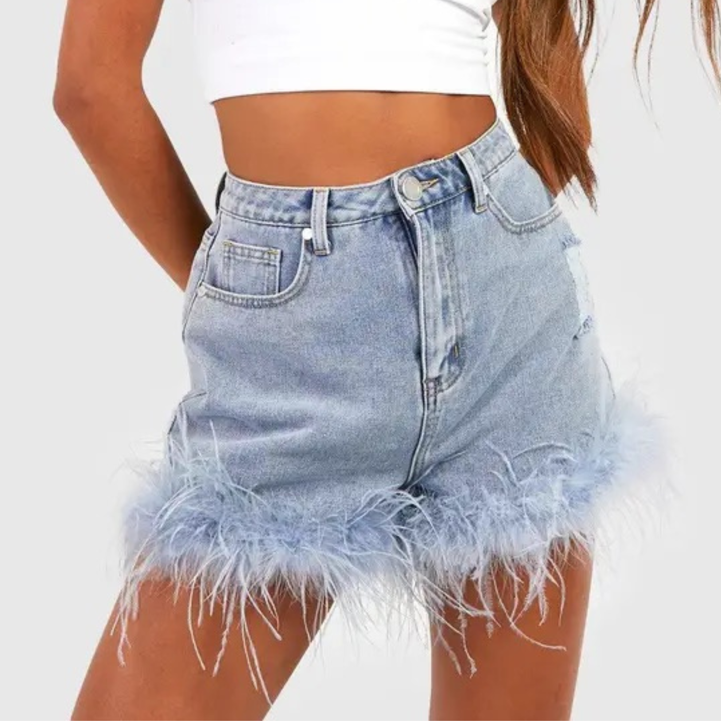 PLT Feather Trim Denim Shorts