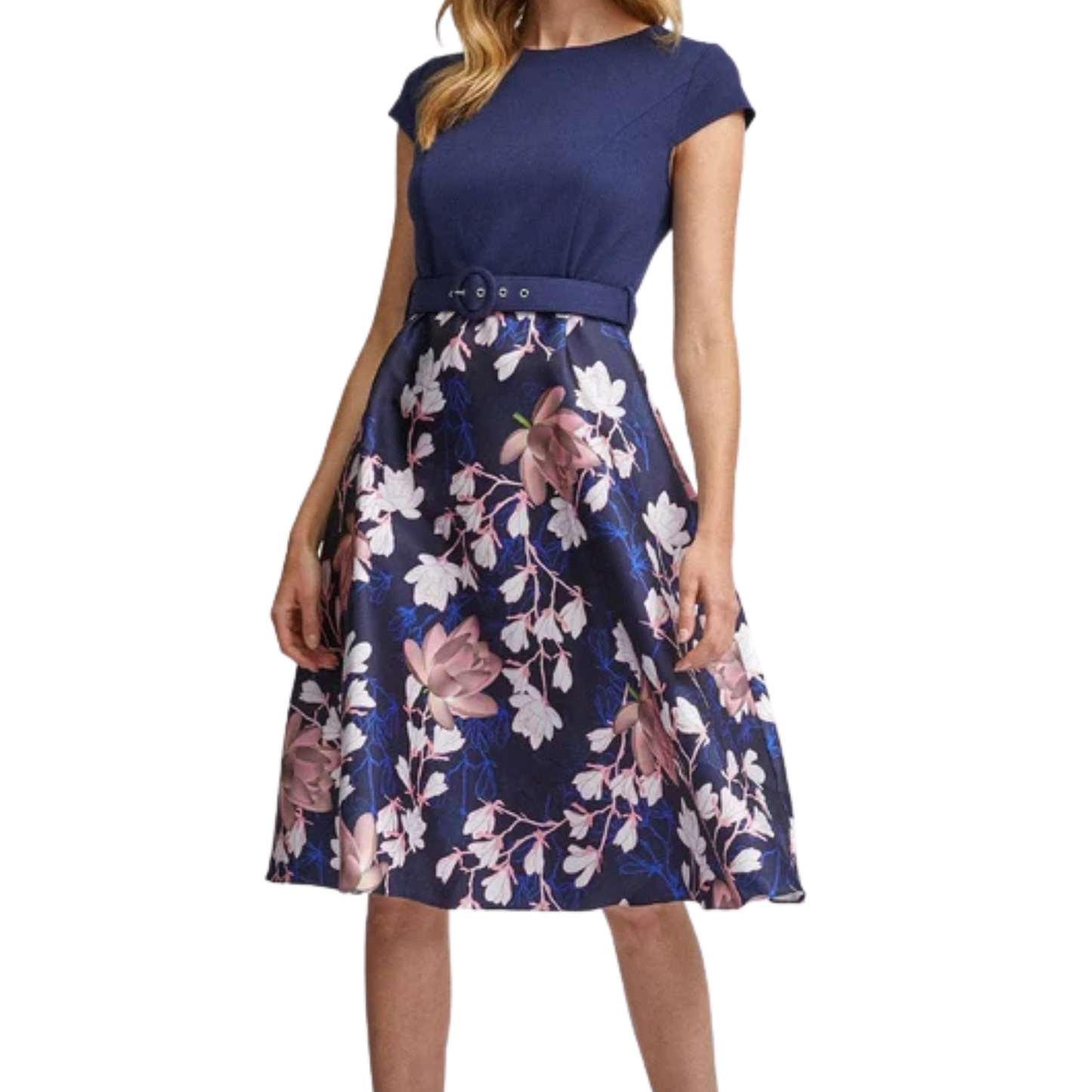 Navy Blue Floral Skirt Midi Dress