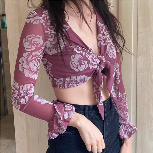 River Island Dusty Pink Floral Tie Front Top