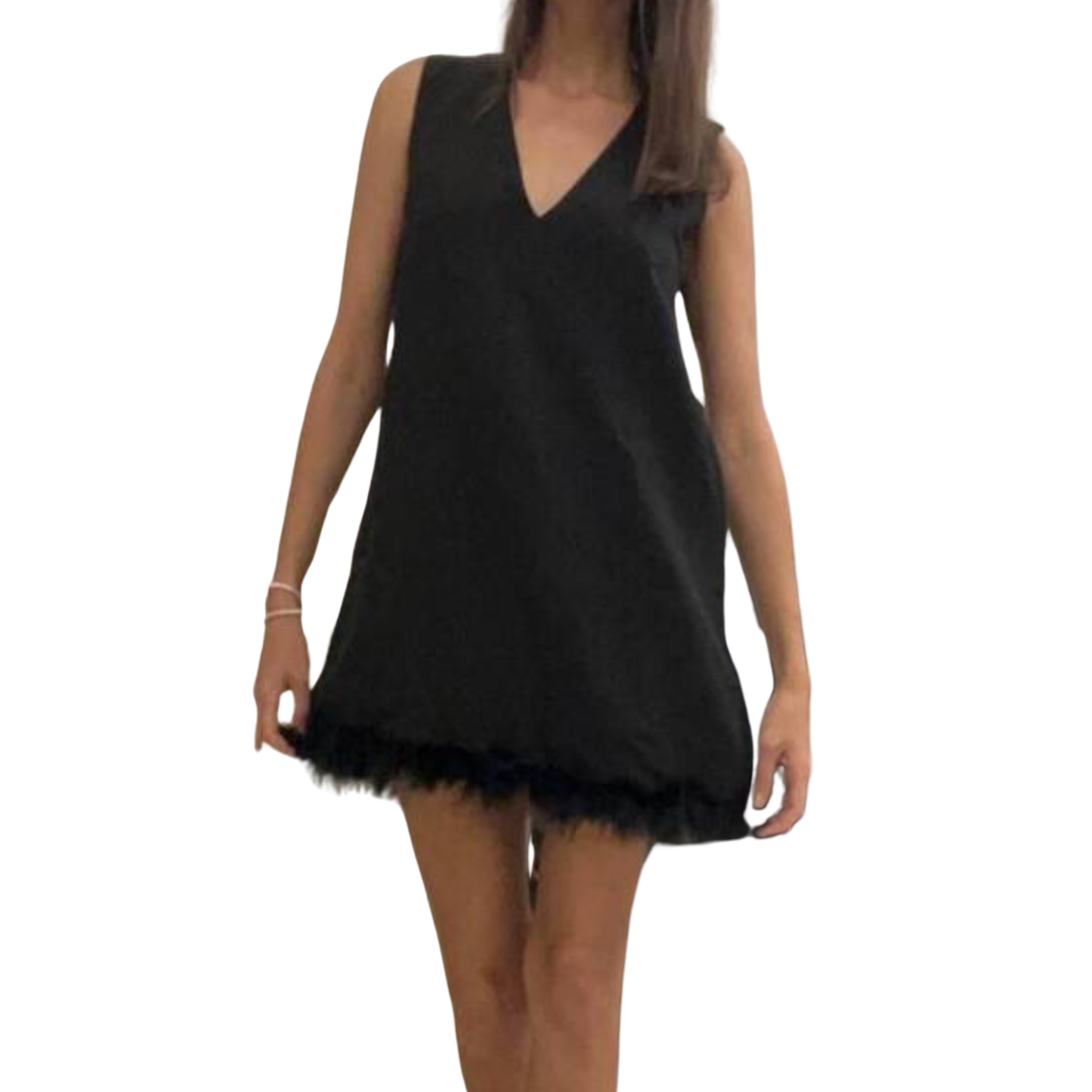 Black V-Neck Fluff Trim Mini Dress