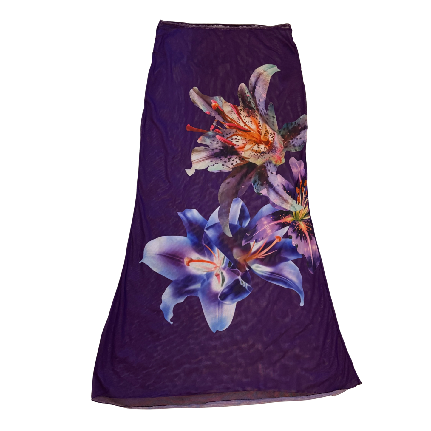 Purple Mesh Flower Print Maxi Skirt