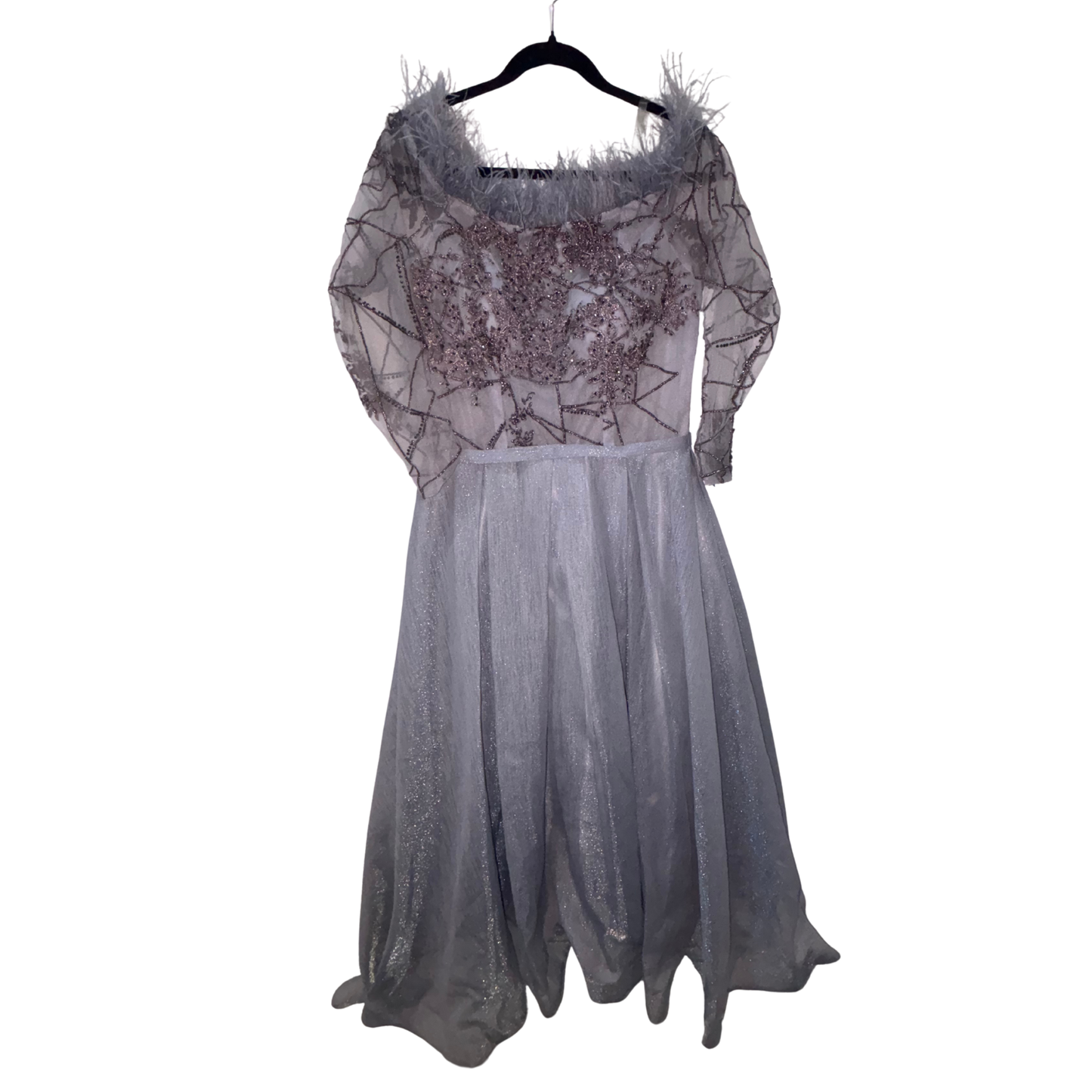 Grey Abstract Feather Trim Maxi Dress