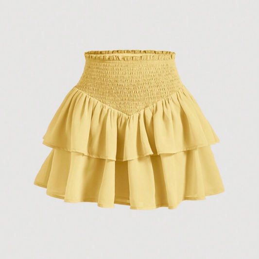 Yellow Ruched Flowy Mesh Mini Skirt