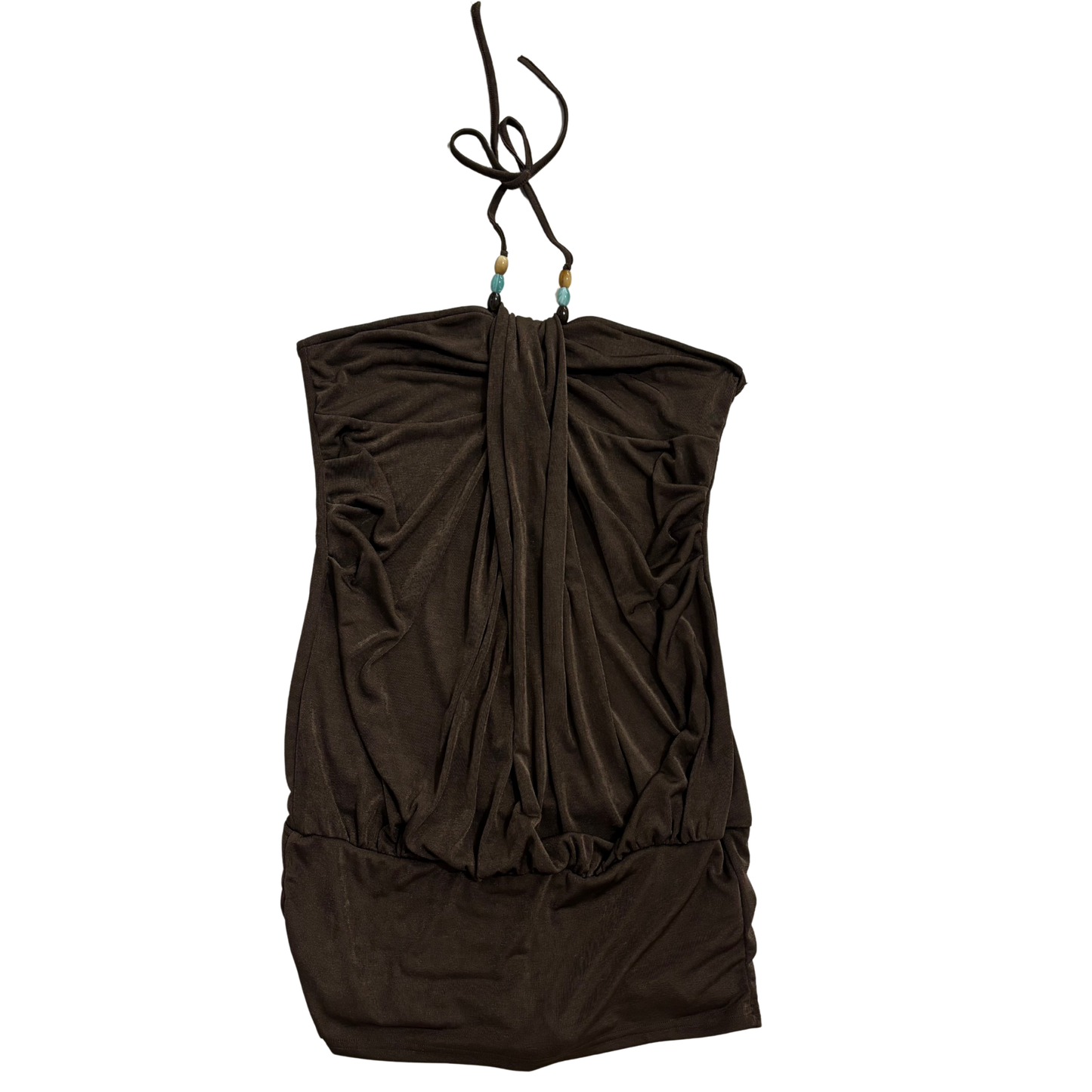 Brown Halterneck Beaded Mini Dress