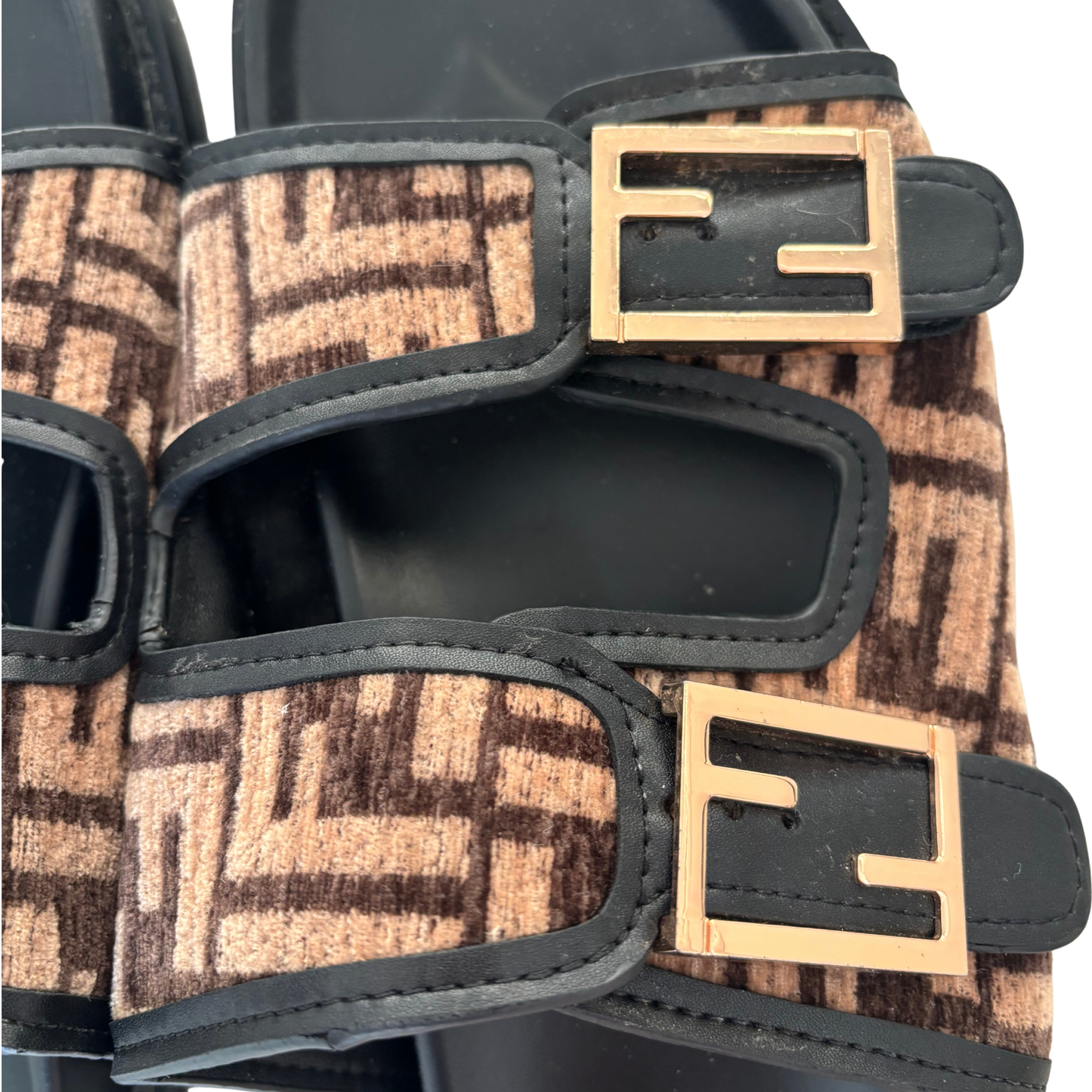 F Buckle Double Strap Sandals