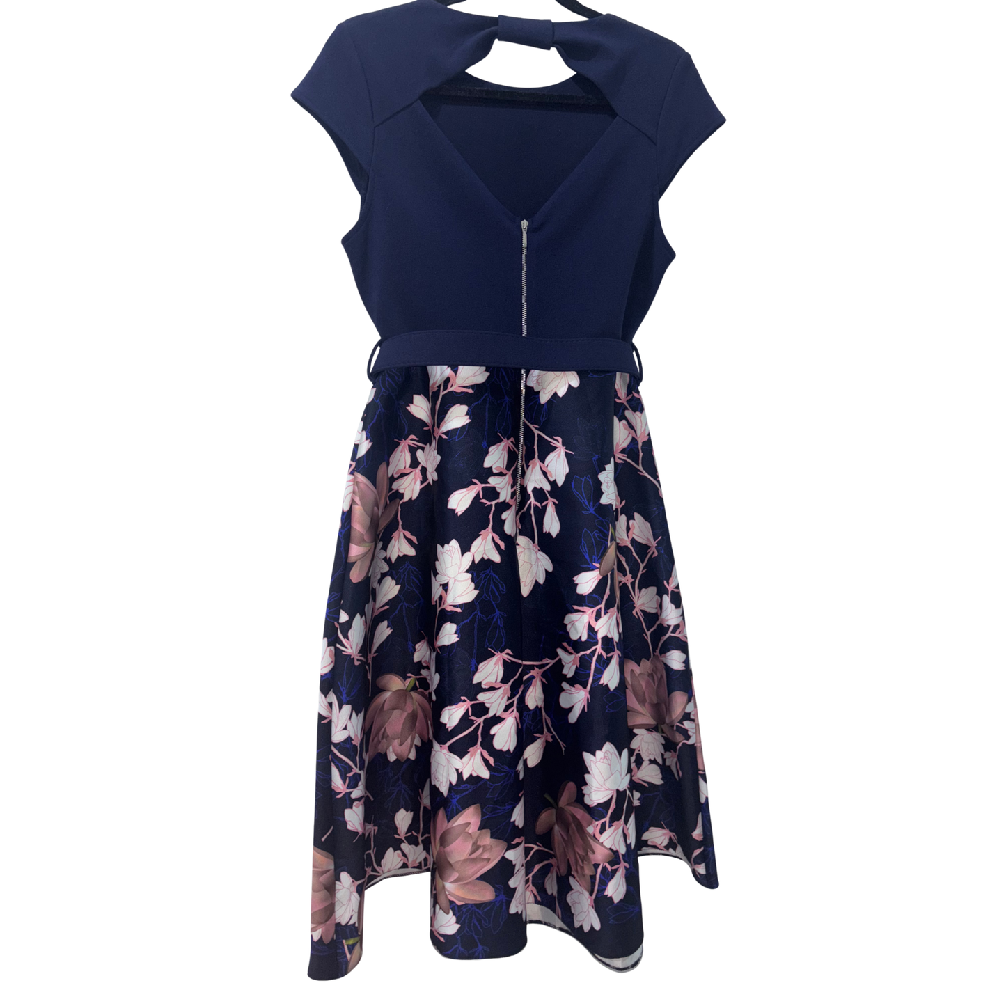 Navy Blue Floral Skirt Midi Dress