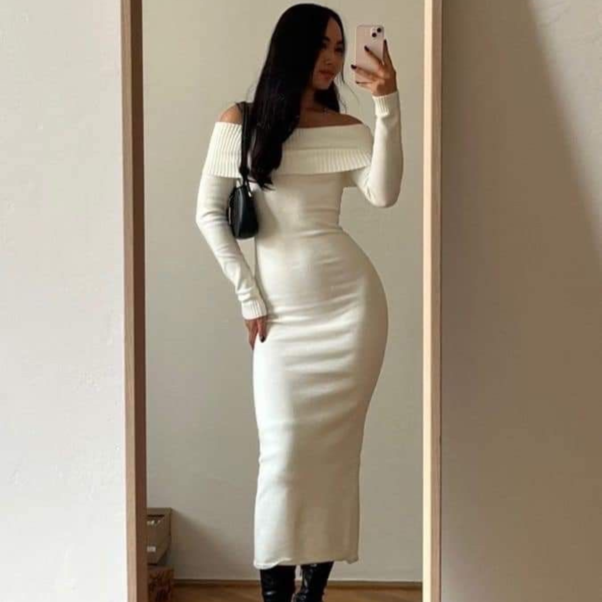 H&M Cream Ribbed Bardot Maxi Dress