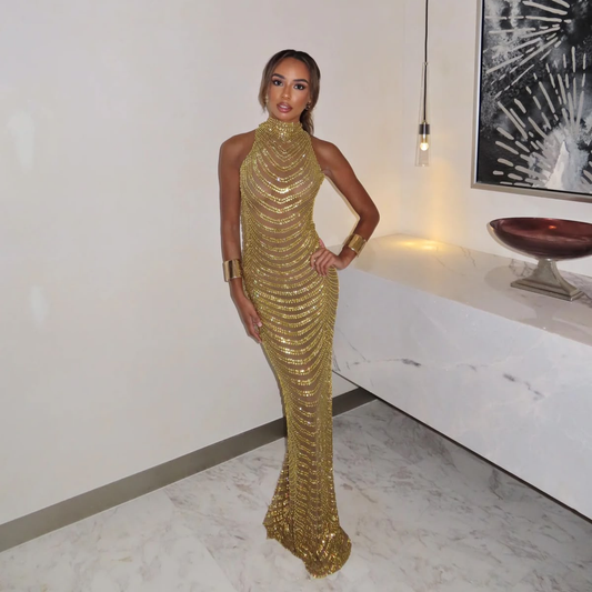Iremoss ‘Gal’ Gold Embellished High Neck Maxi Dress