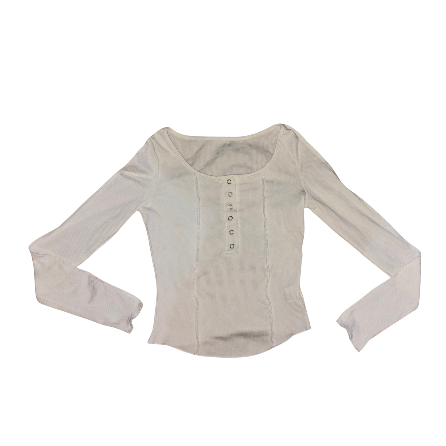 White Ribbed Long Sleeve Button Up Top