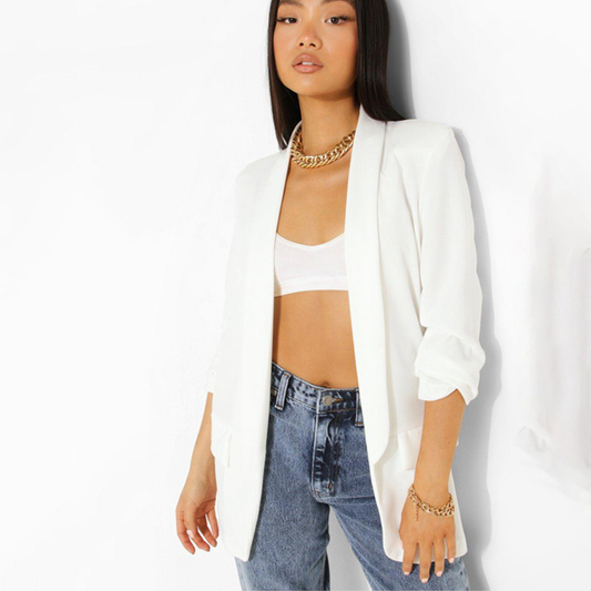 Boohoo White Ruched Sleeve Blazer