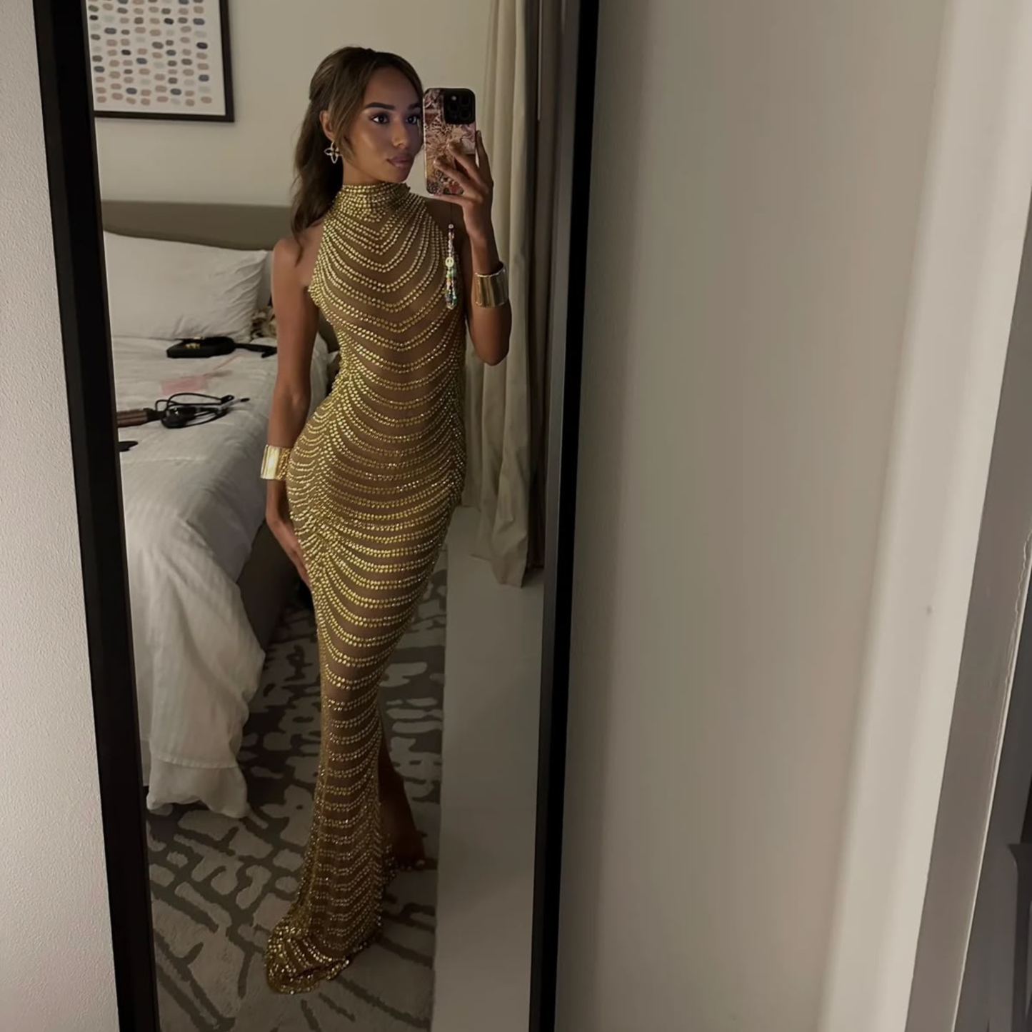 Iremoss ‘Gal’ Gold Embellished High Neck Maxi Dress