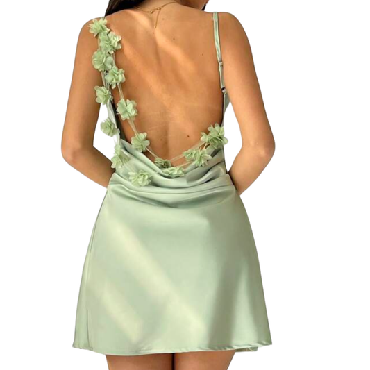 Green Satin Flower Detail Back Mini Dress